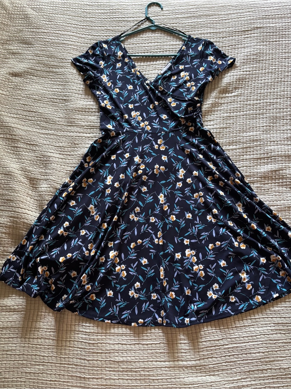 Kaileigh Floral Wrap-Style Black Dress with Yellow Blossom Print
